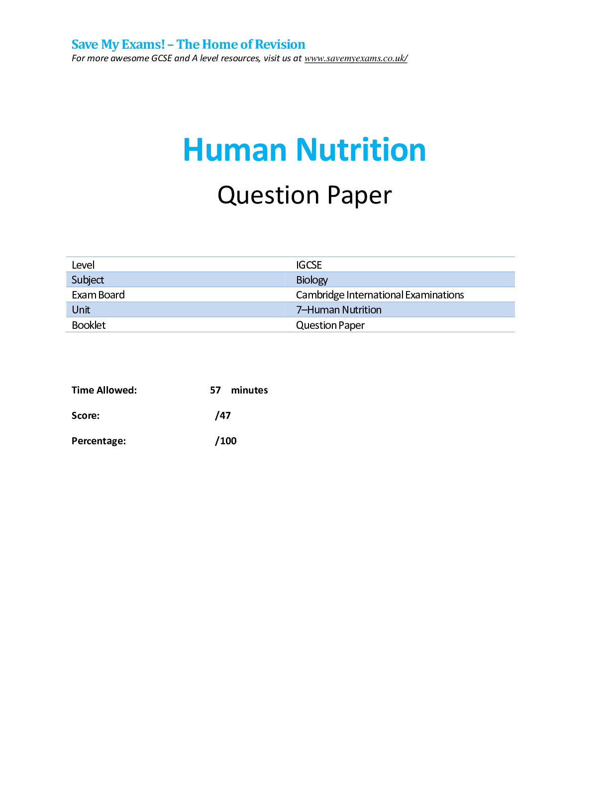 Preview image for human nutrition qp igcse  biology